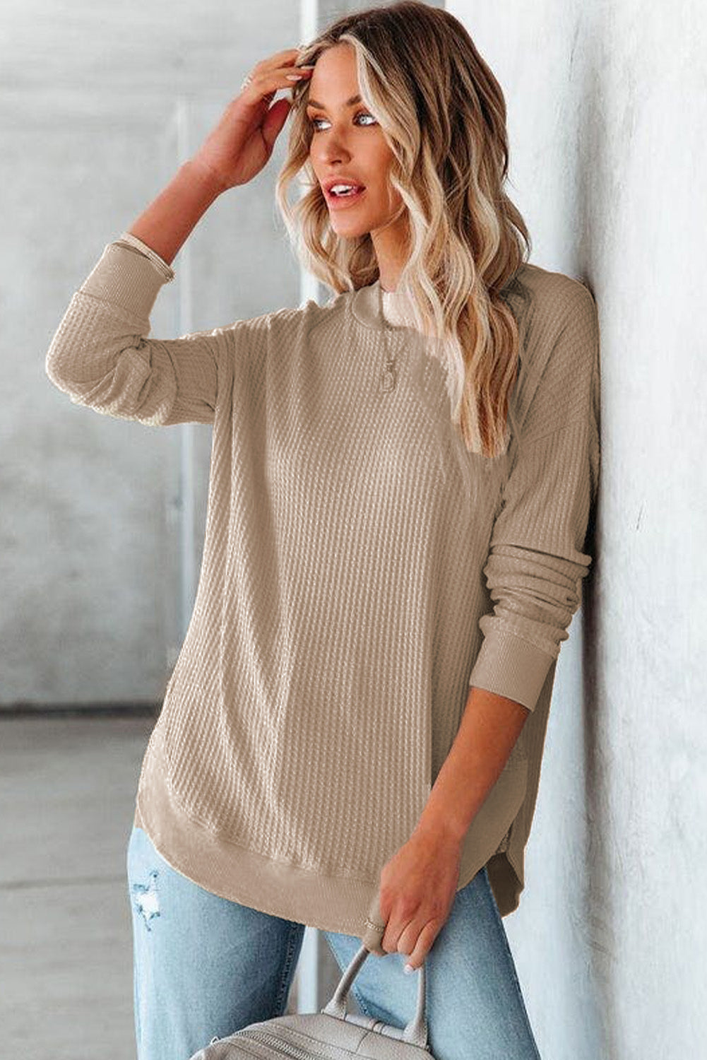 Gray Crew Neck Ribbed Trim Waffle Knit Top