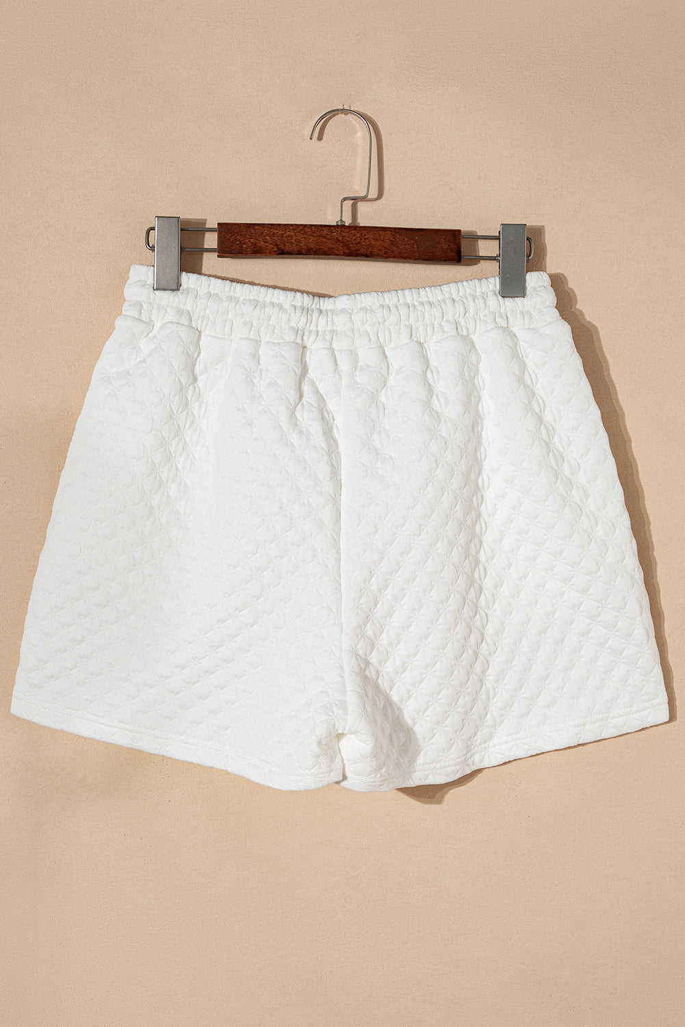 White Textured Notch V Neck Drawstring Shorts Set