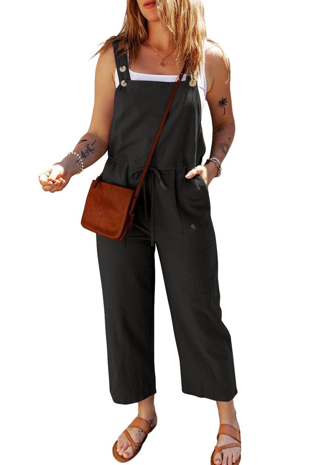 Sage Green Drawstring Buttoned Straps Cropped Overall