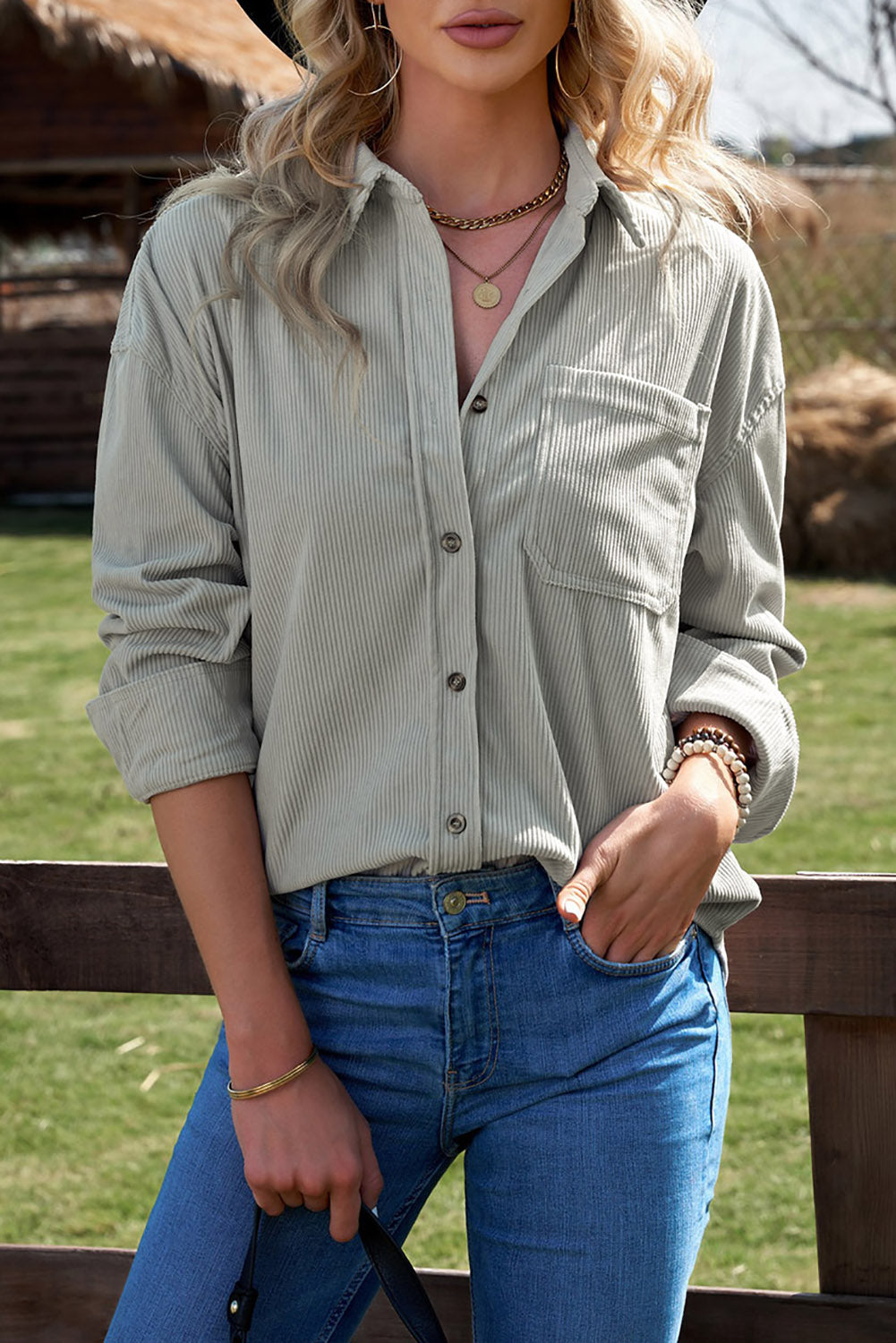 Pink Corduroy Button Pocket Shirt
