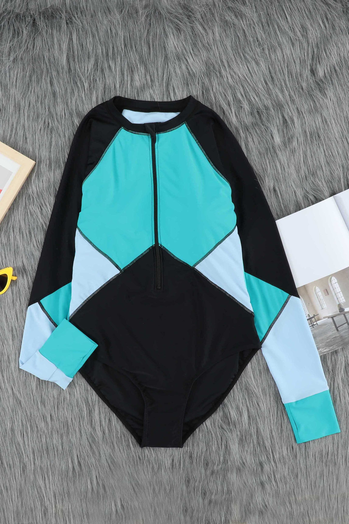 Green Color Block Zipper Long Sleeve Rash Guard Swimwear