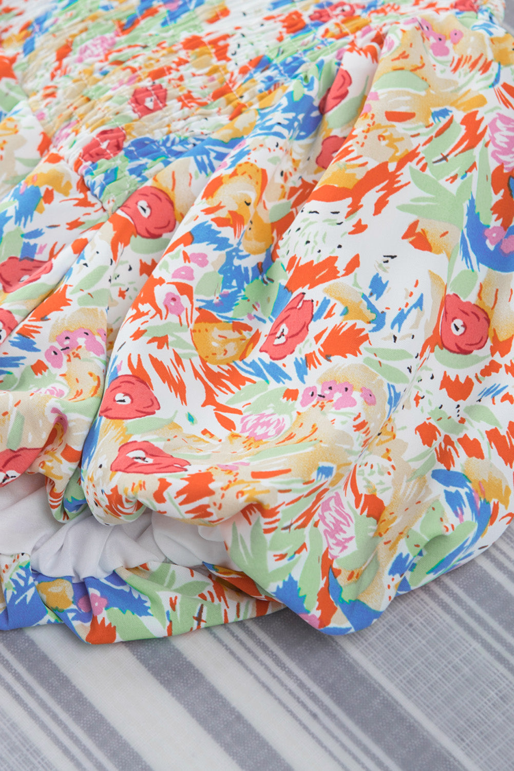 Multicolor Abstract Print Smocked Puff Sleeves Blouse