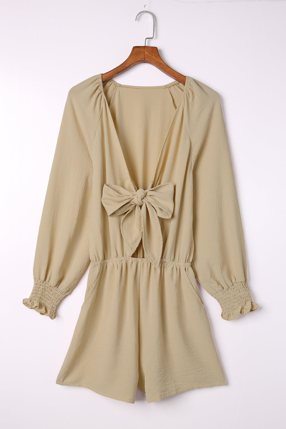 Navy Tie Knot Puff Long Sleeve Romper