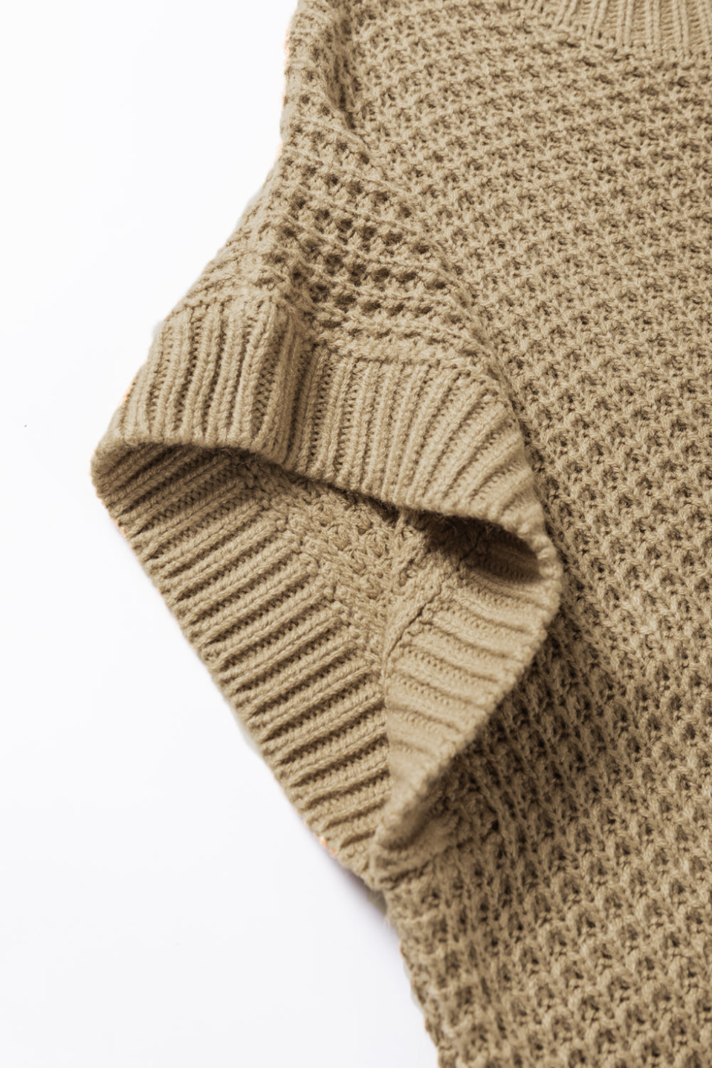 Light French Beige High Neck Short Batwing Sleeve Textured Knit Sweater