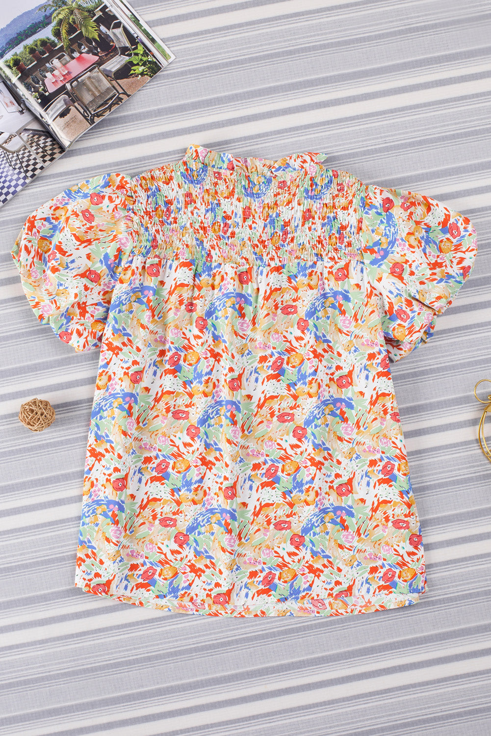 Multicolor Abstract Print Smocked Puff Sleeves Blouse