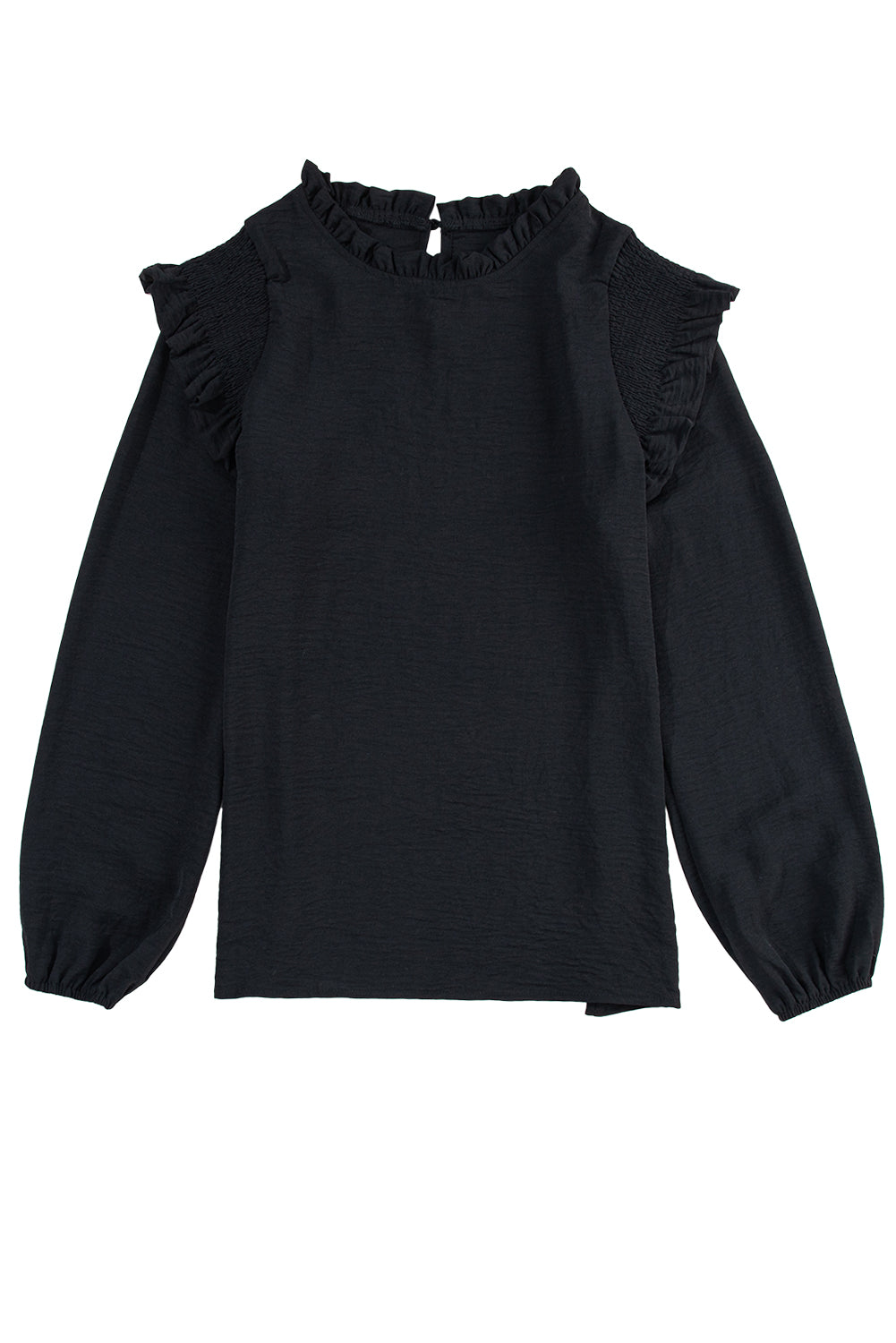 White Frilled Neck Ruffled Trim Bubble Sleeve Blouse