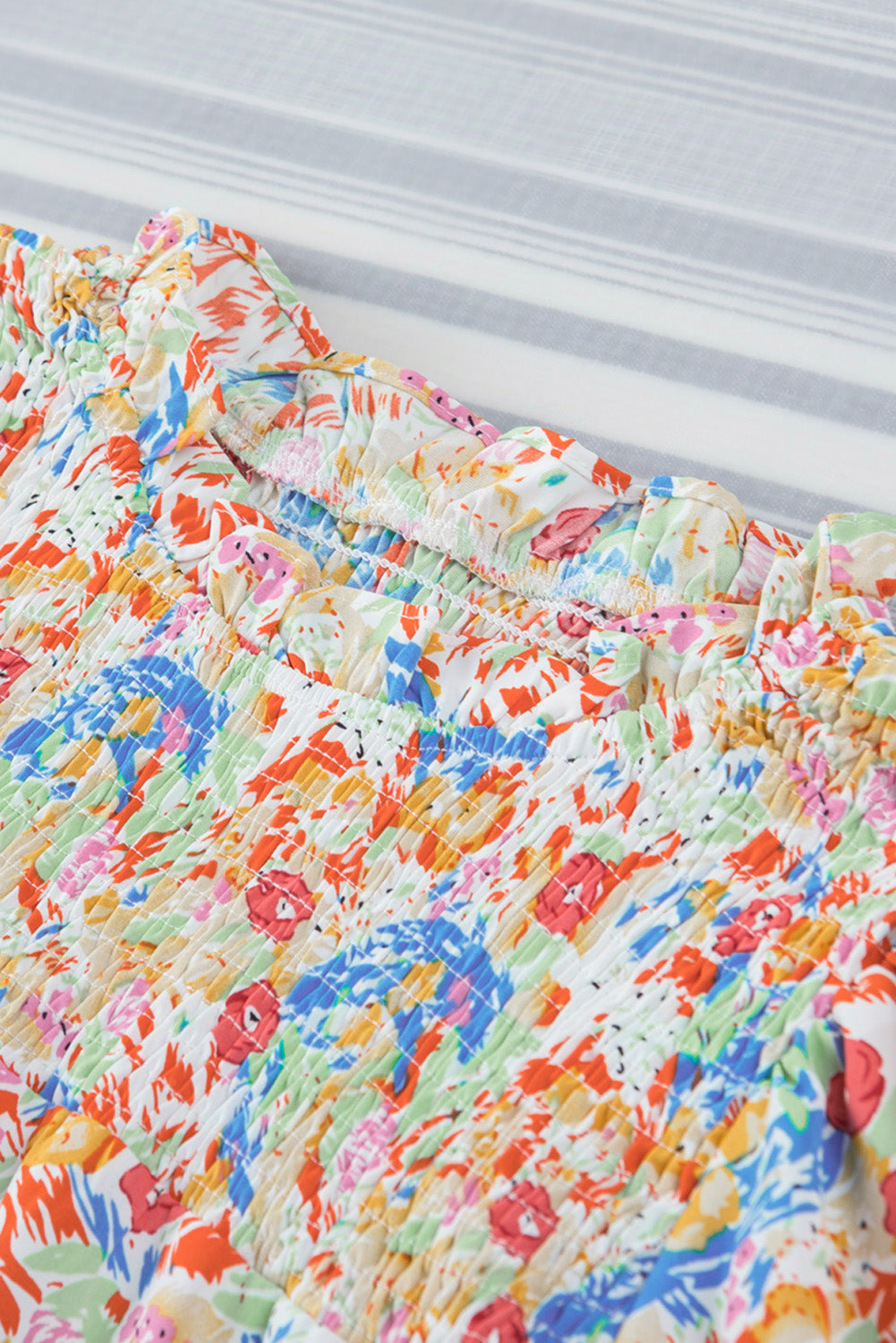 Multicolor Abstract Print Smocked Puff Sleeves Blouse