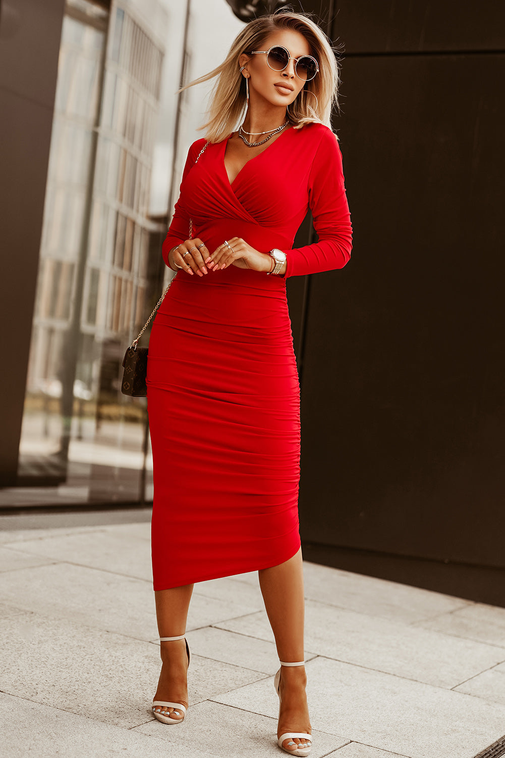Fiery Red Long Sleeves Wrap V Neck Ruched Sheath Bodycon Dress Sinclair Boutique Fiery Red Long Sleeves Wrap V Neck Ruched Sheath Bodycon Dress Sinclair Boutique