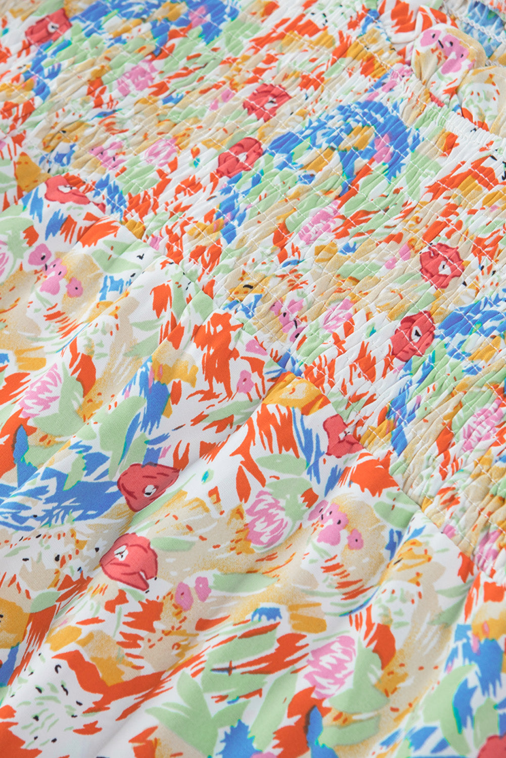 Multicolor Abstract Print Smocked Puff Sleeves Blouse