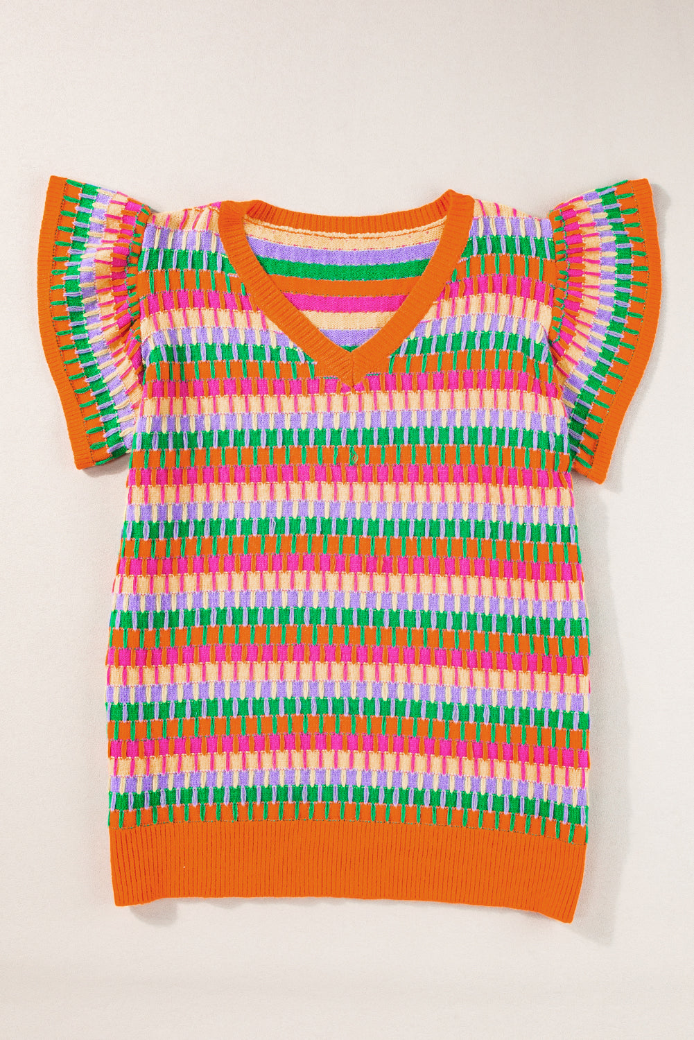 Green Multicolor Flutter Sleeve Knitted Sweater Top