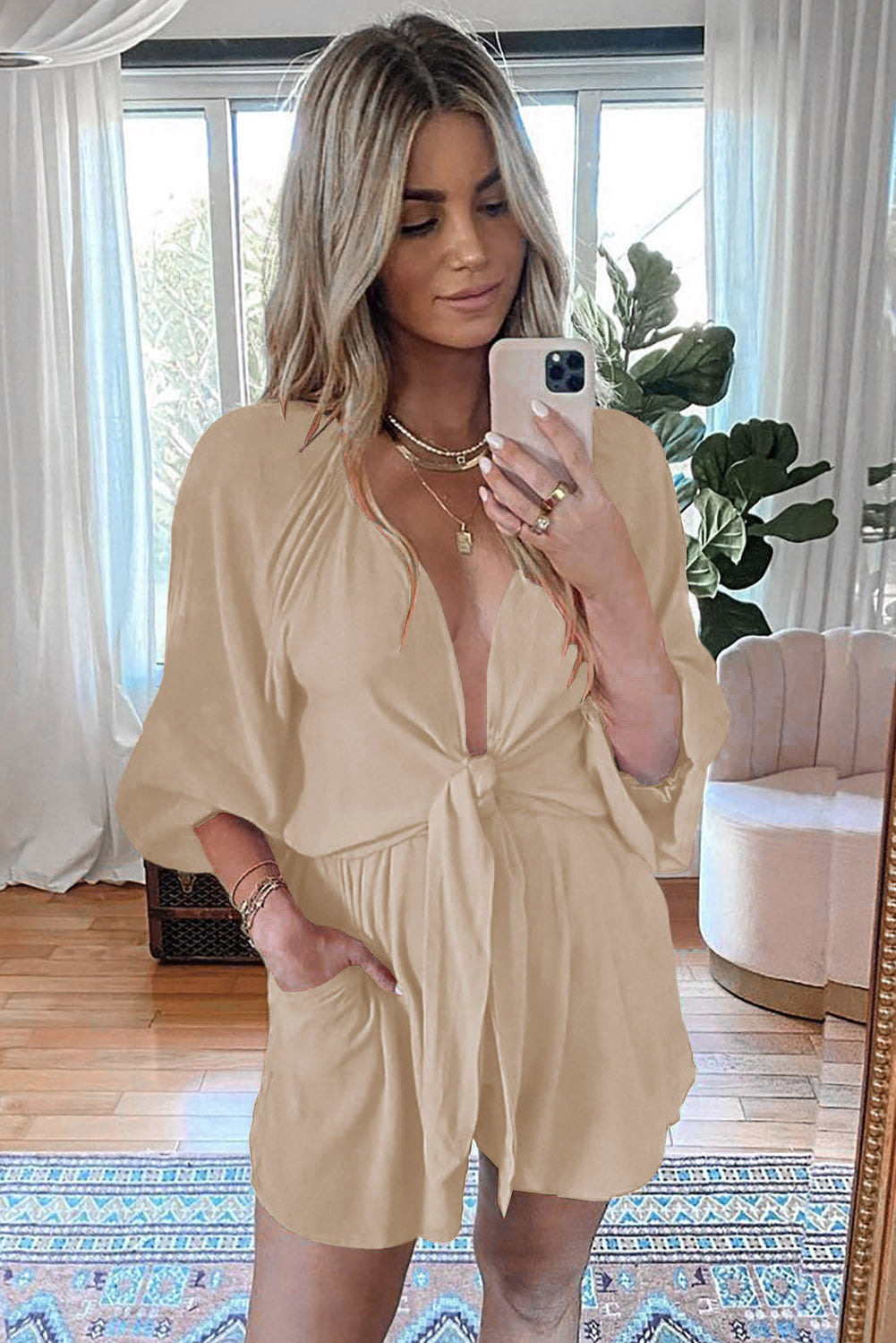 Navy Tie Knot Puff Long Sleeve Romper