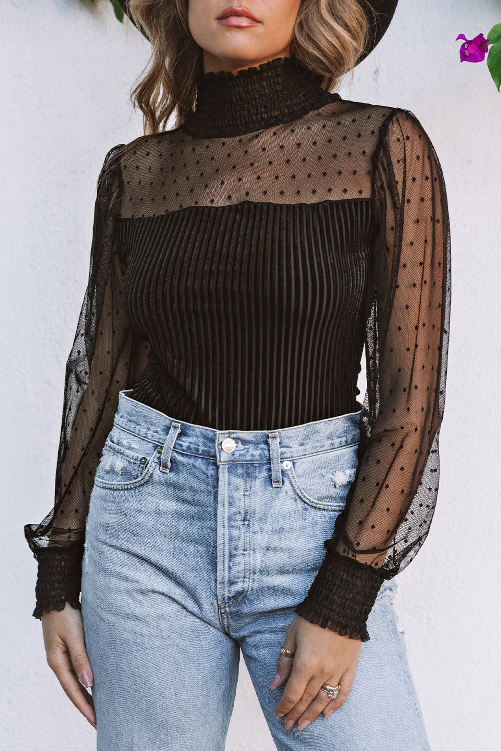 Green Sheer Dotty Long Sleeve Ribbed Velvet Bodysuit