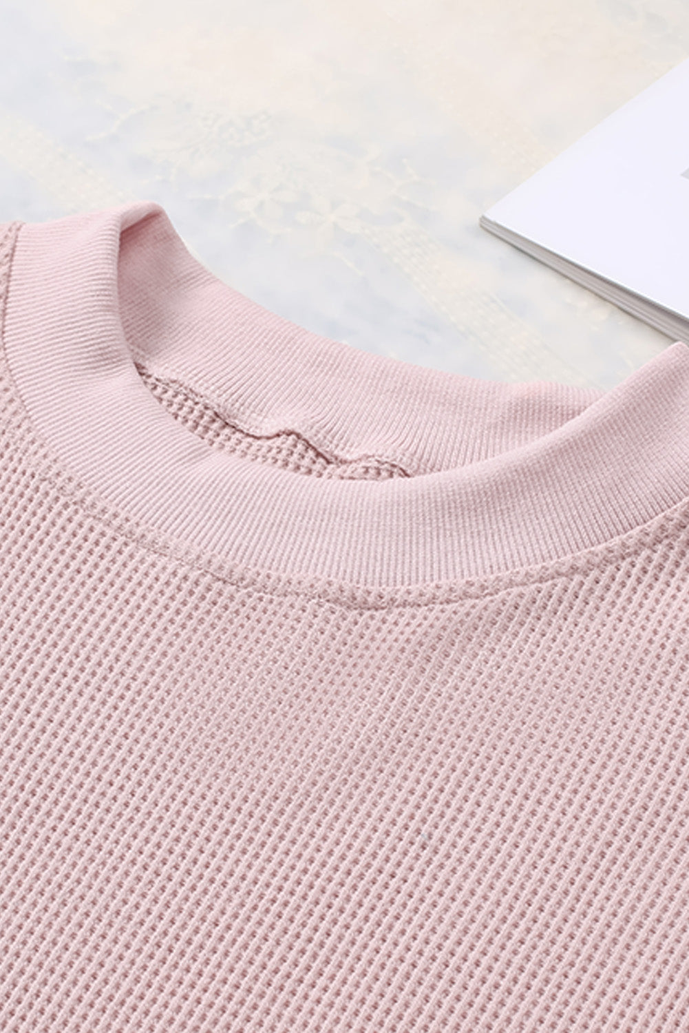 Gray Crew Neck Ribbed Trim Waffle Knit Top