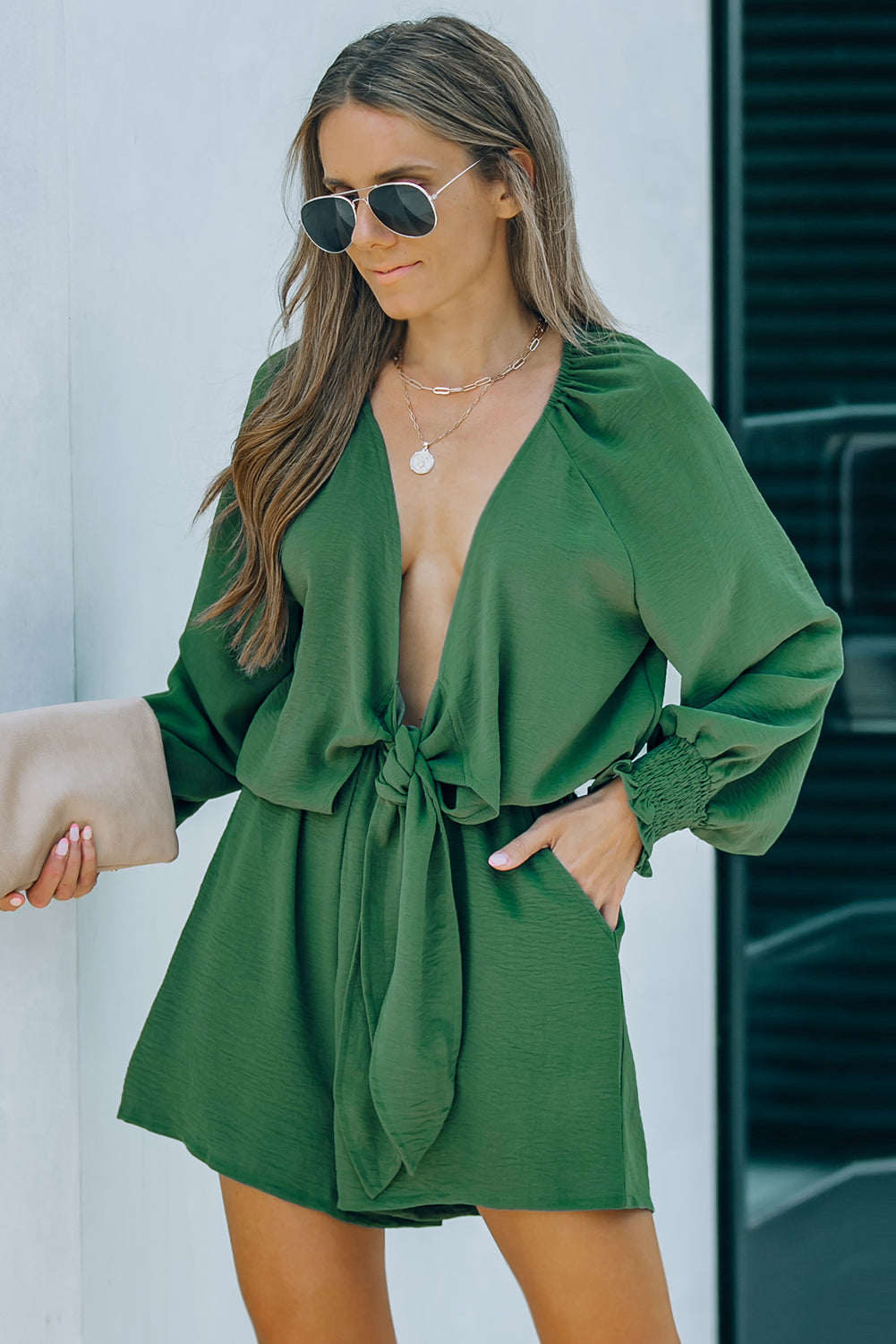 Navy Tie Knot Puff Long Sleeve Romper