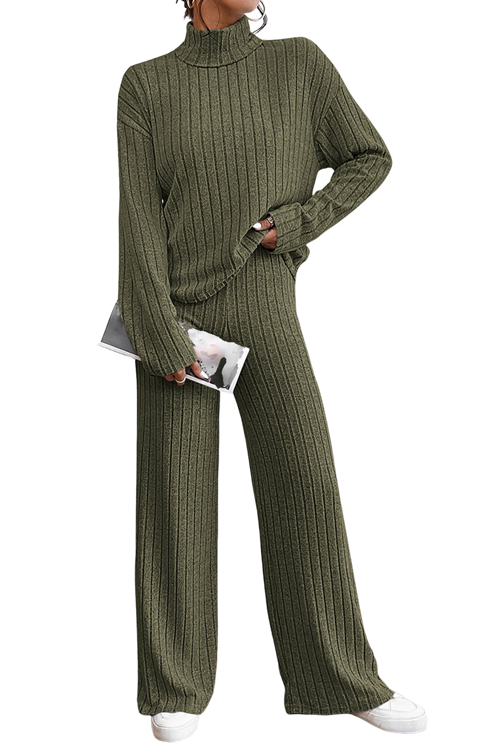 Jungle Green Ribbed Knit High Neck Loose Top and Pants Set