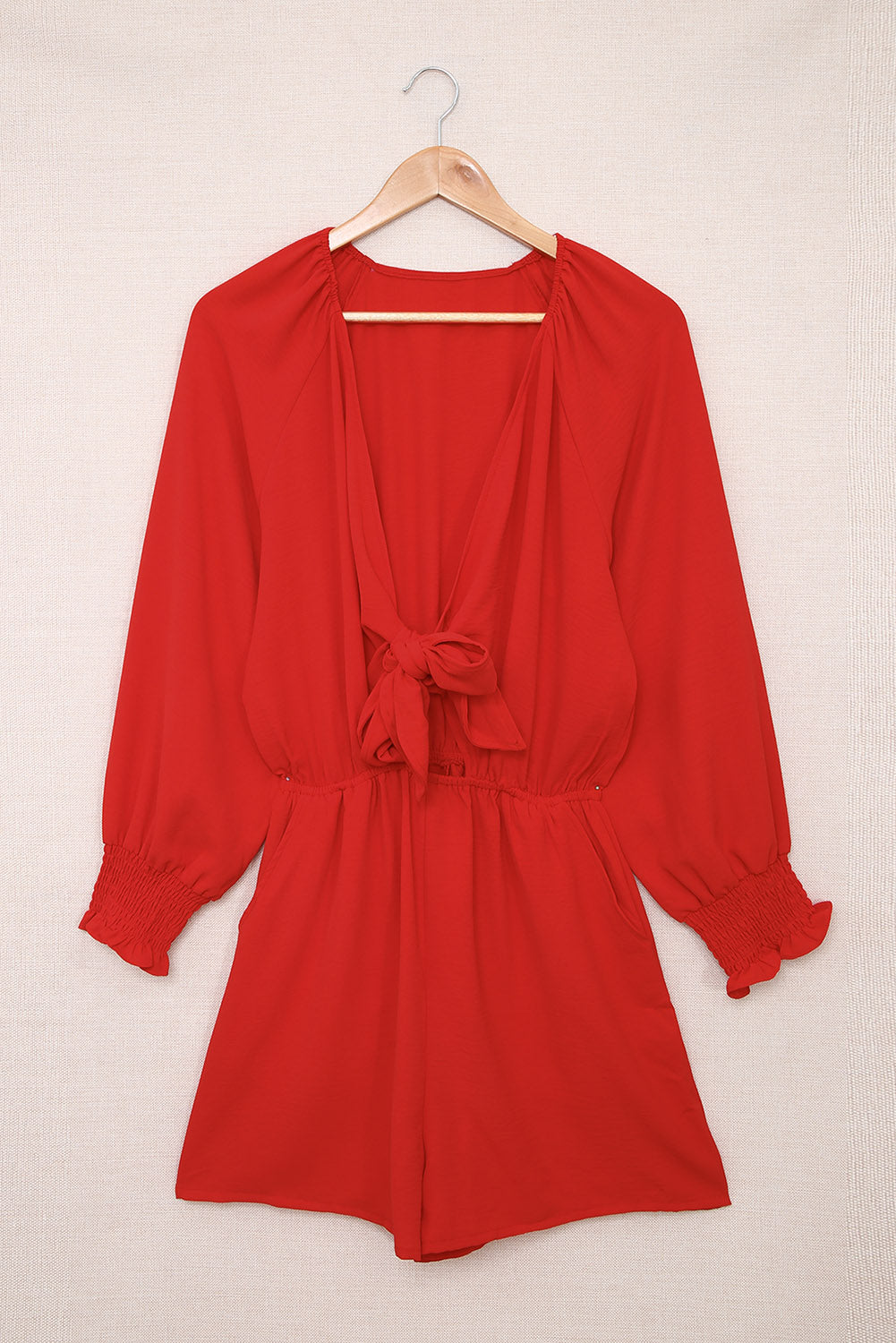 Navy Tie Knot Puff Long Sleeve Romper