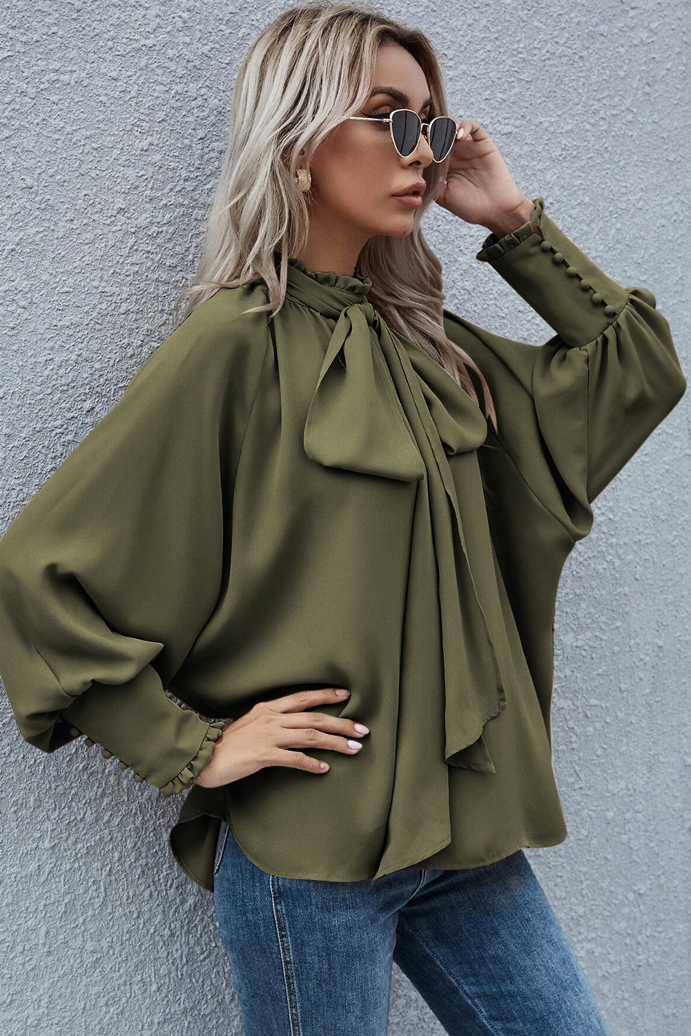 Navy Blue Frilled Knotted Mock Neck Bishop Sleeve Blouse