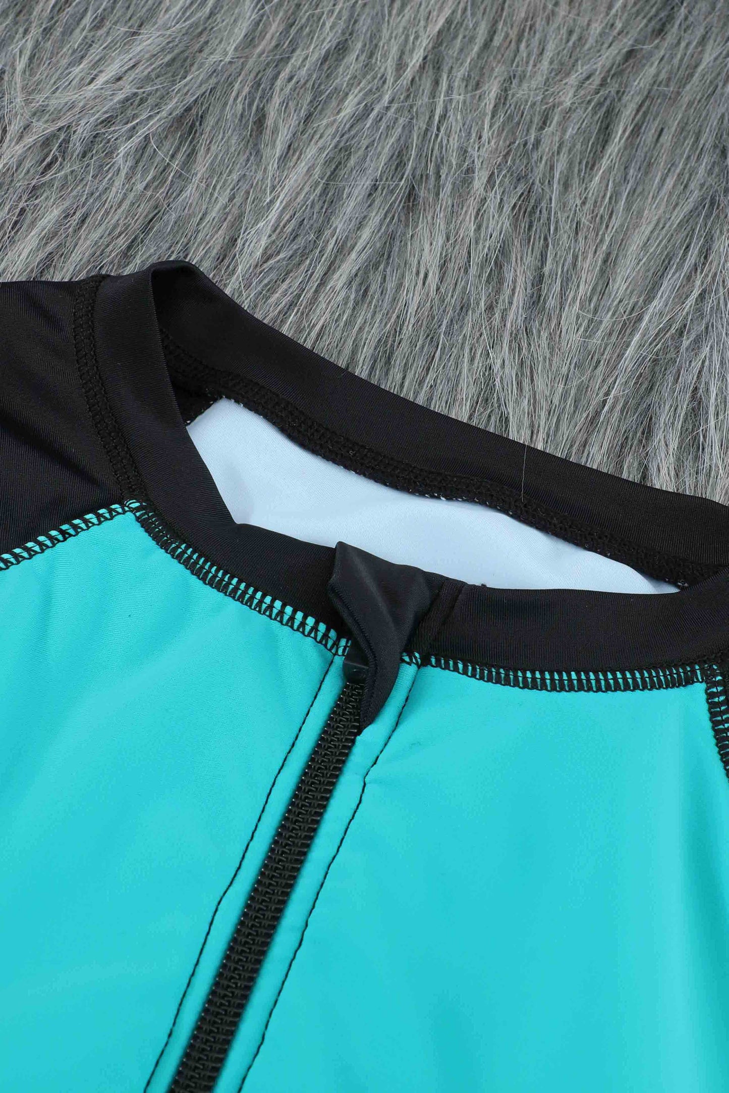 Green Color Block Zipper Long Sleeve Rash Guard Swimwear