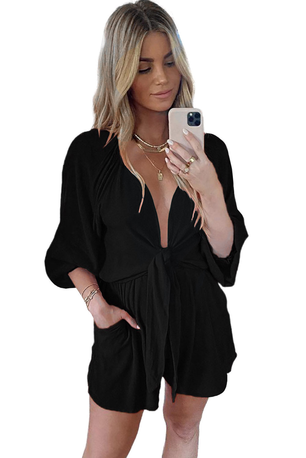 Navy Tie Knot Puff Long Sleeve Romper