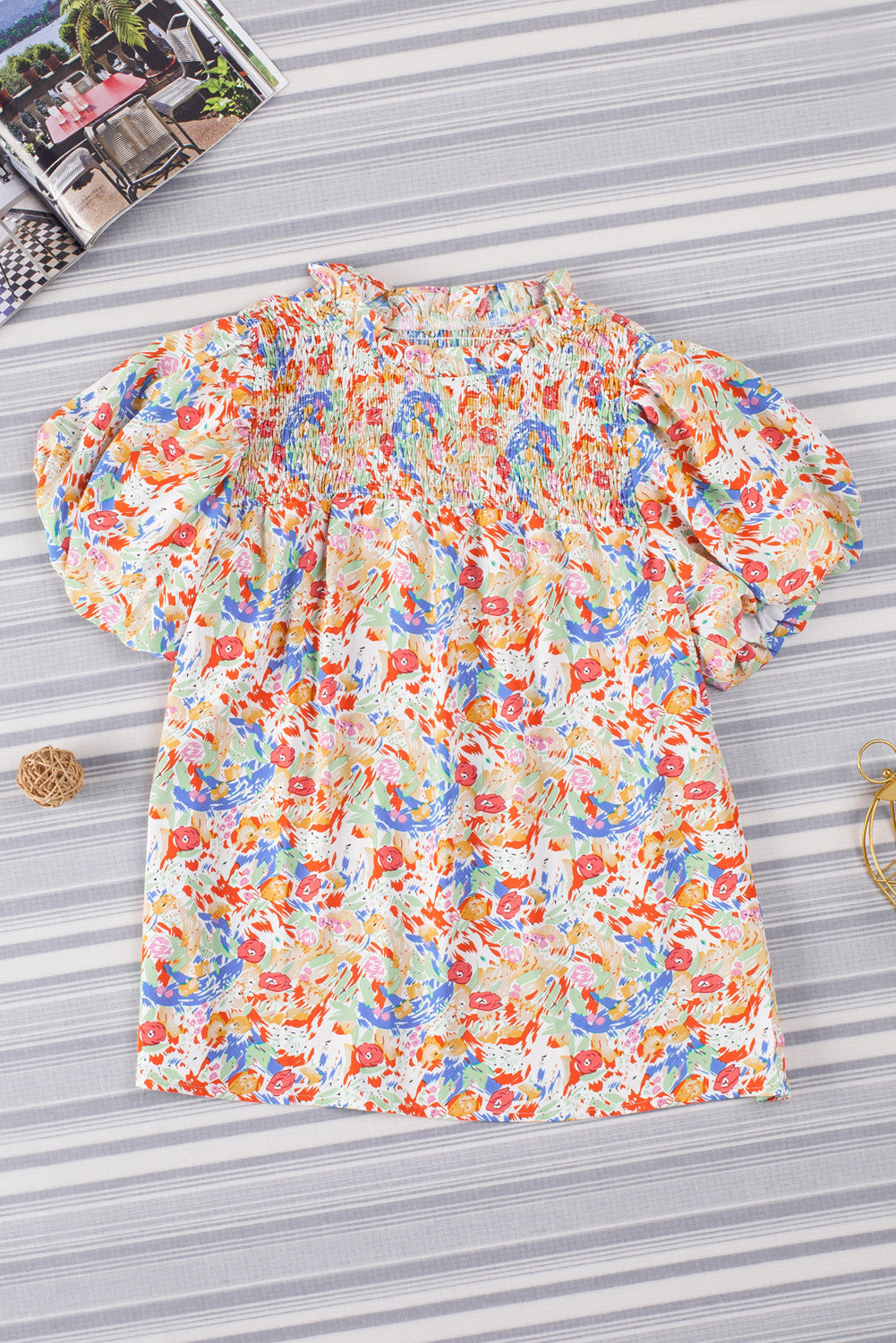 Multicolor Abstract Print Smocked Puff Sleeves Blouse