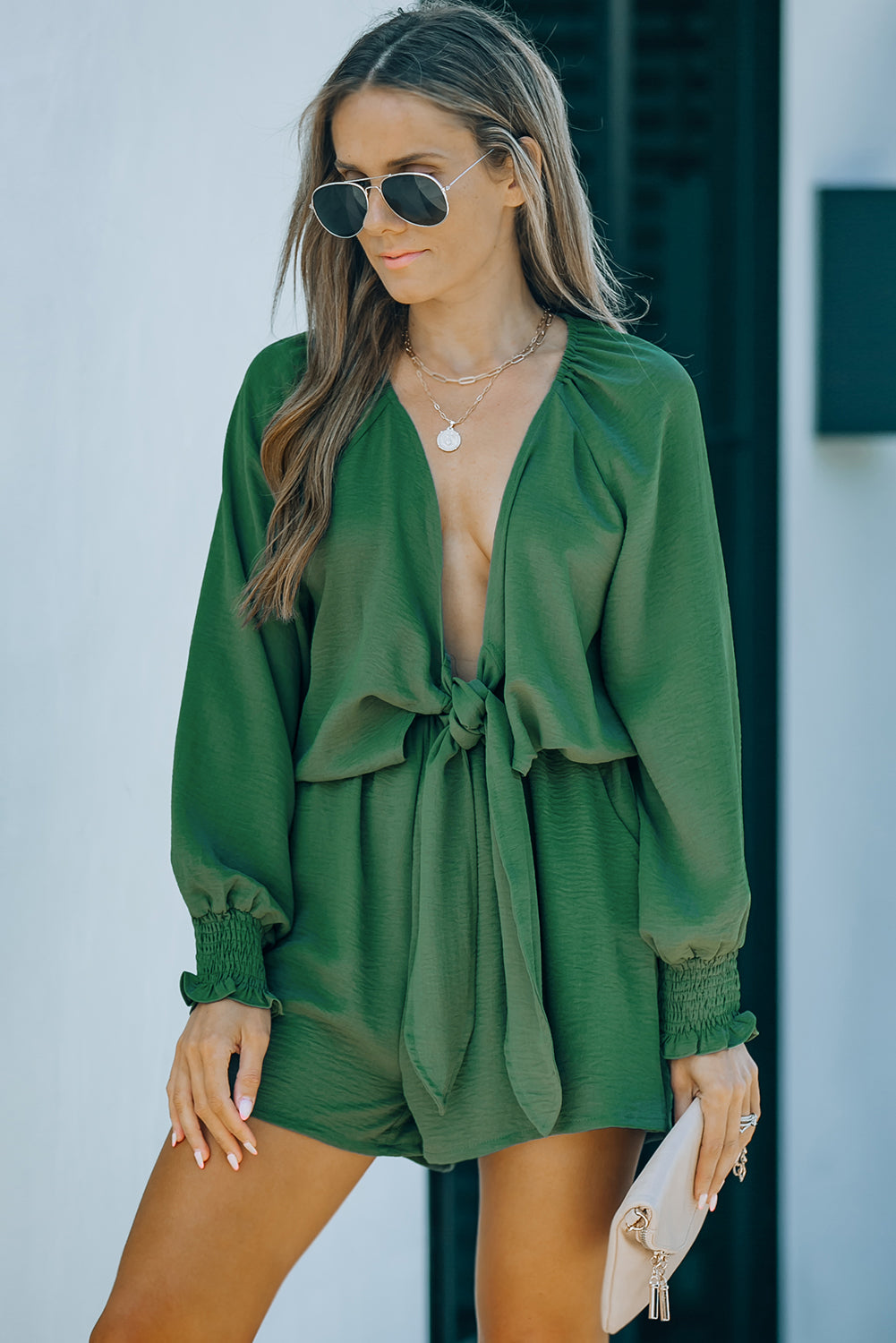 Navy Tie Knot Puff Long Sleeve Romper
