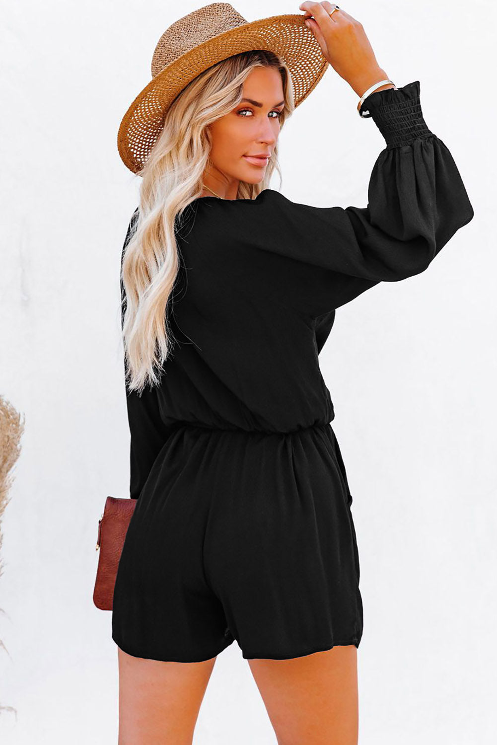Navy Tie Knot Puff Long Sleeve Romper