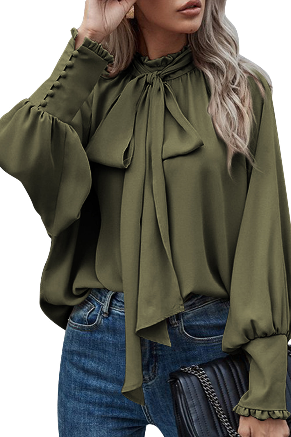Navy Blue Frilled Knotted Mock Neck Bishop Sleeve Blouse