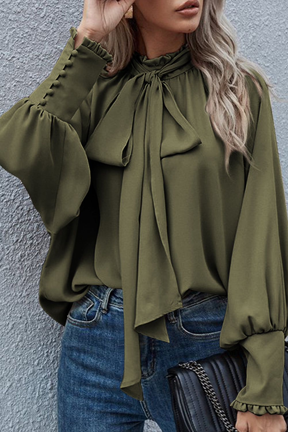 Navy Blue Frilled Knotted Mock Neck Bishop Sleeve Blouse
