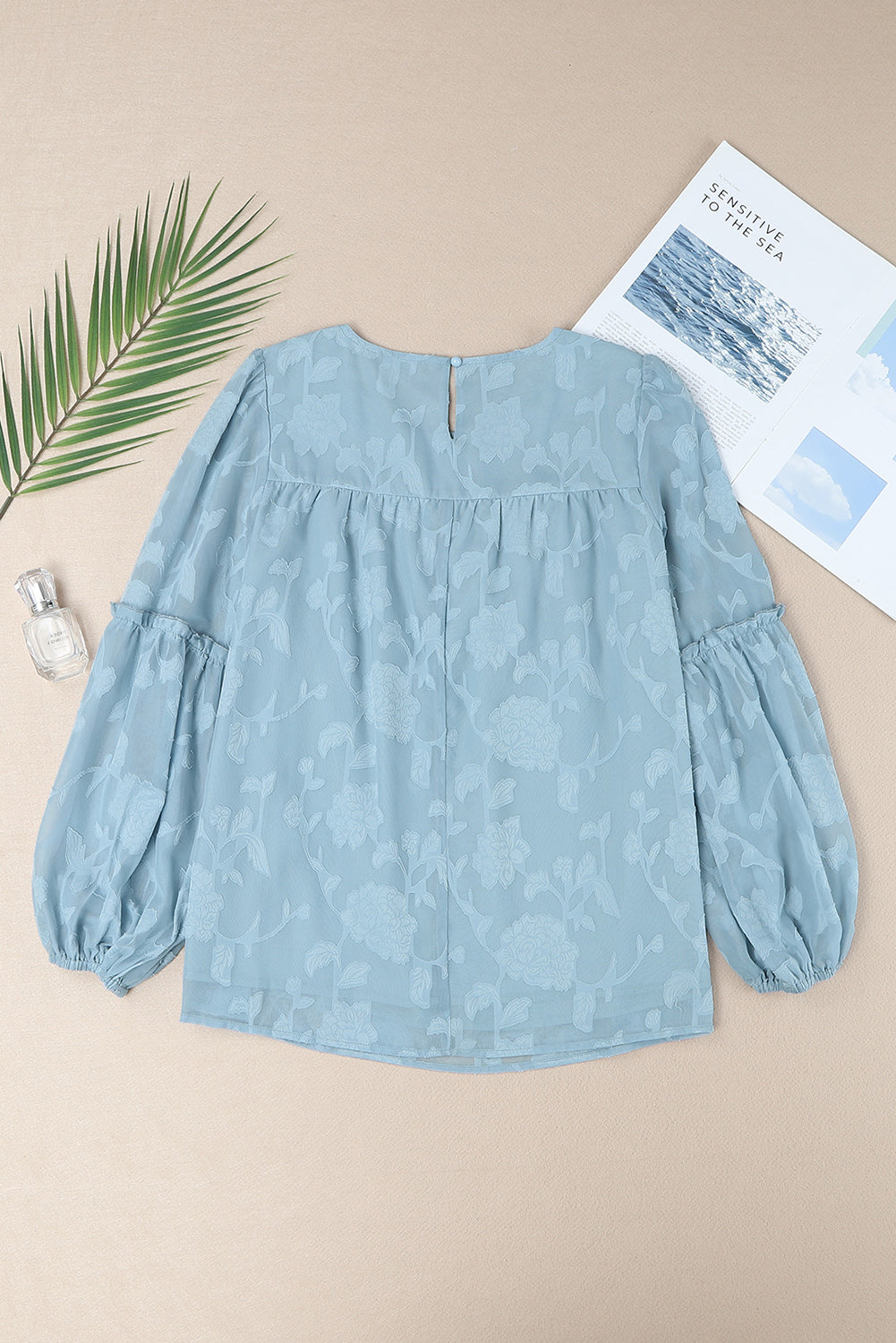 Blue Textured Ruffle Lantern Sleeve Babydoll Blouse