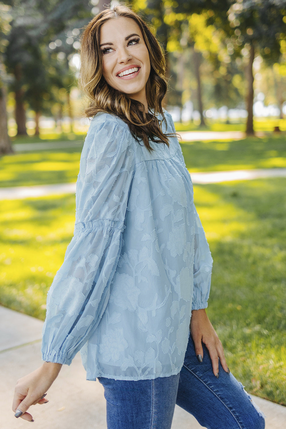 Blue Textured Ruffle Lantern Sleeve Babydoll Blouse