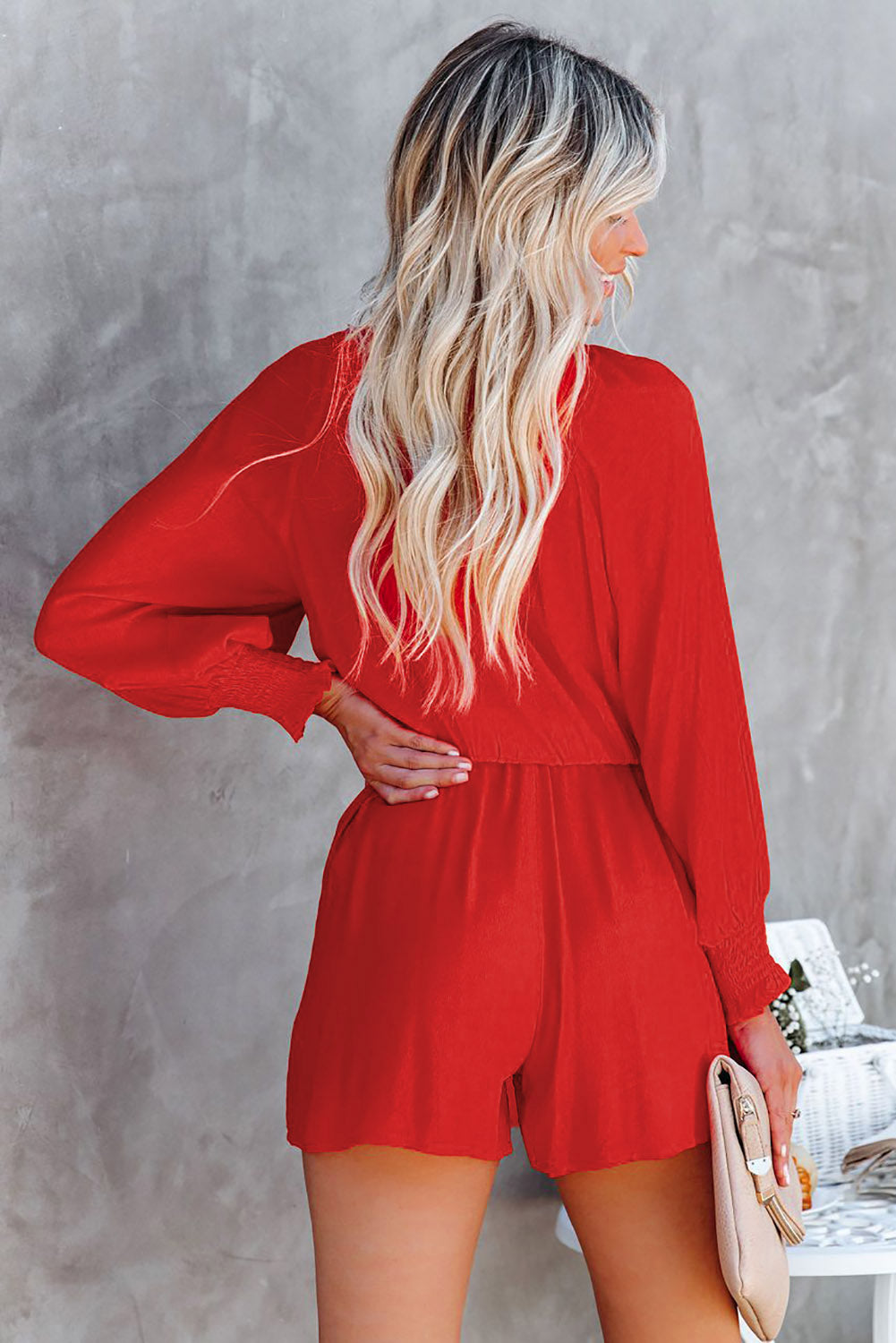 Navy Tie Knot Puff Long Sleeve Romper