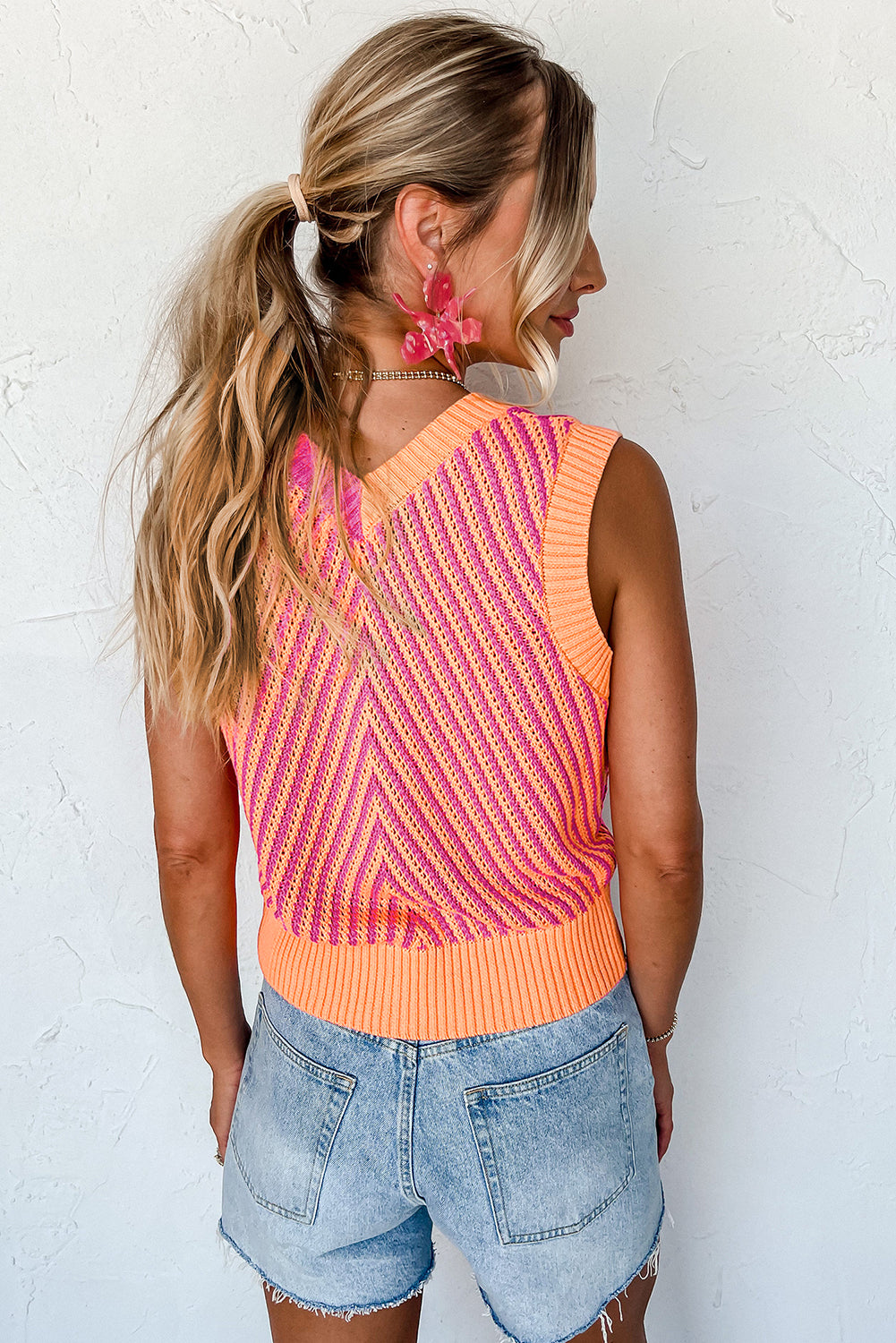 Light French Beige Contrast Chevron Knit V Neck Sweater Vest