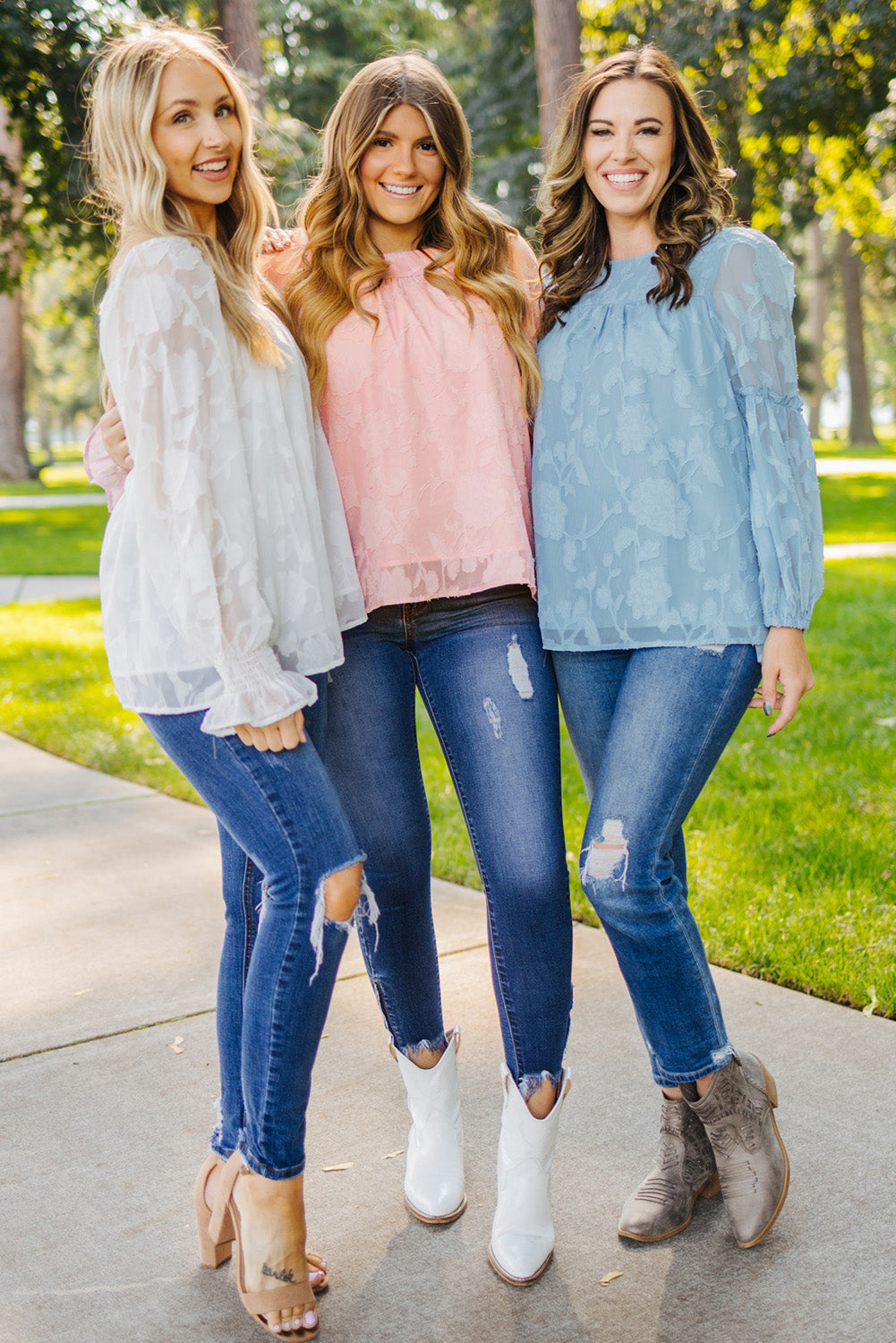 Blue Textured Ruffle Lantern Sleeve Babydoll Blouse