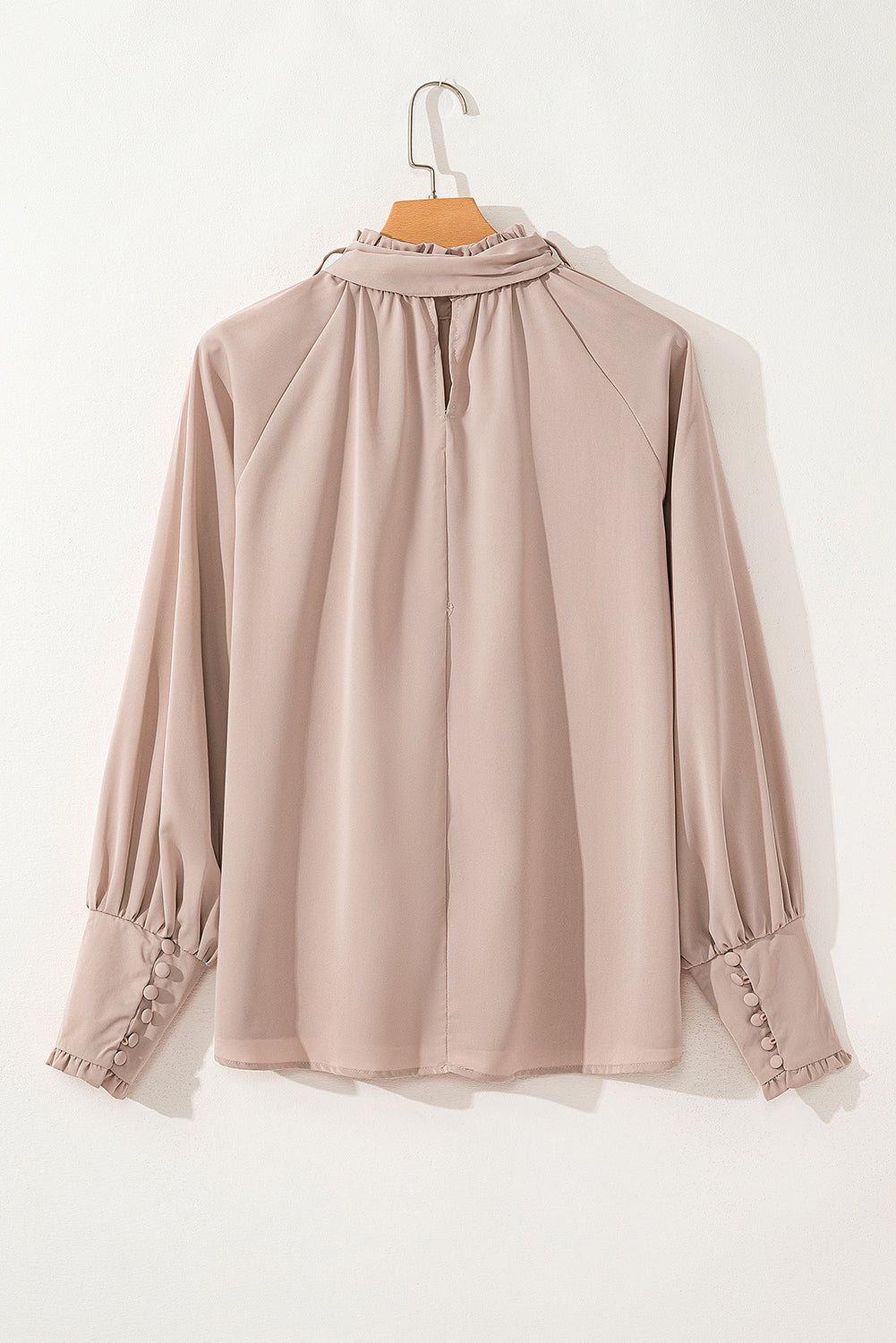 Navy Blue Frilled Knotted Mock Neck Bishop Sleeve Blouse
