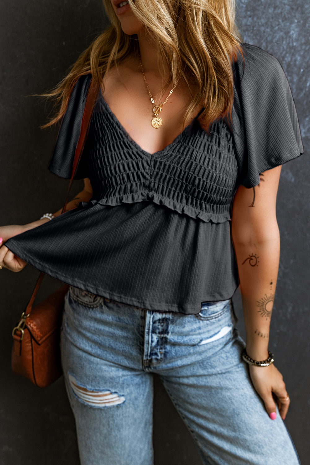 Oatmeal Shirred V Neck Short Flutter Sleeve Textured Blouse