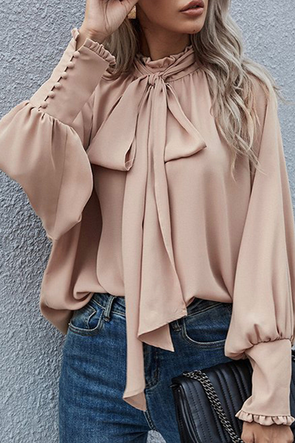 Navy Blue Frilled Knotted Mock Neck Bishop Sleeve Blouse