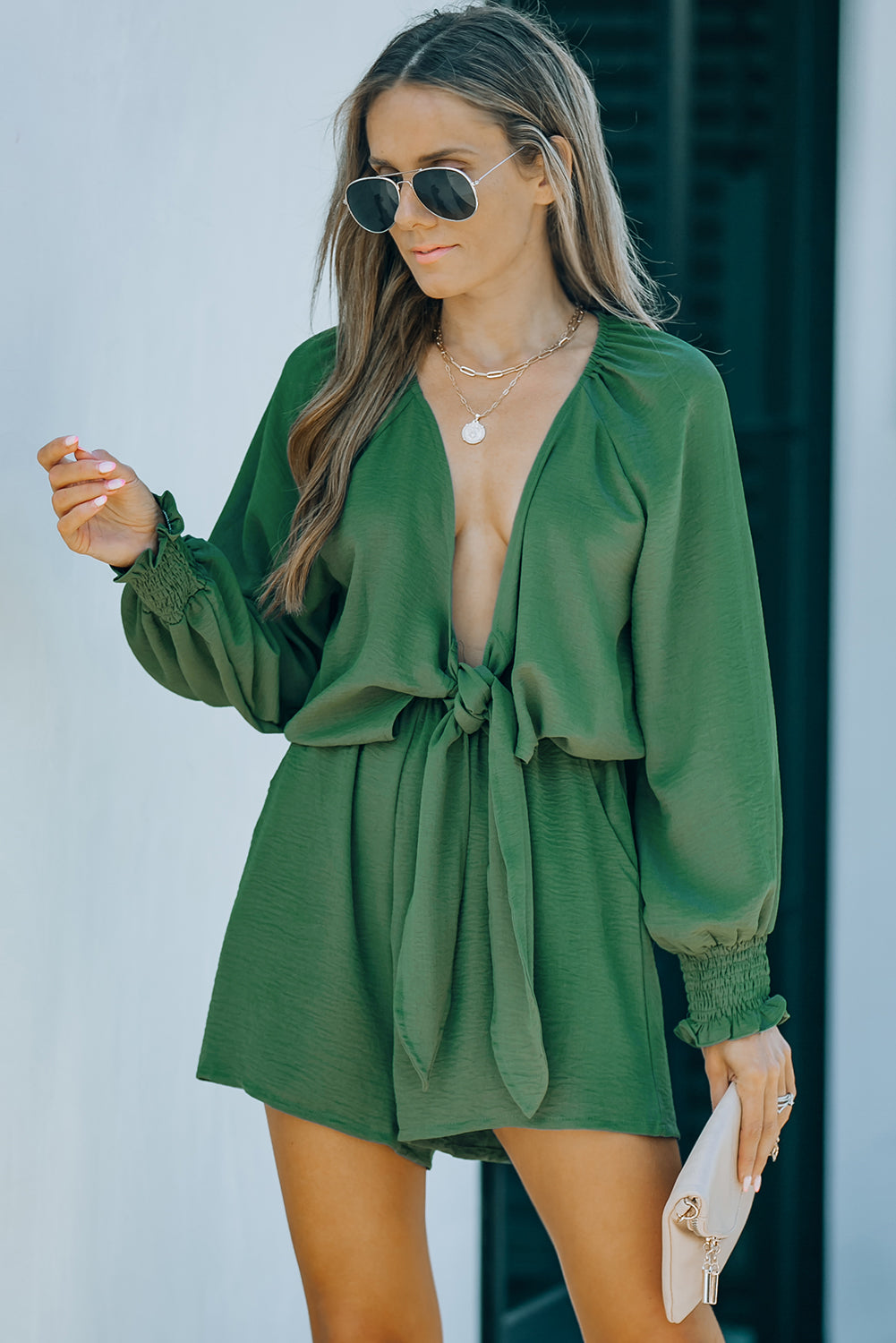 Navy Tie Knot Puff Long Sleeve Romper