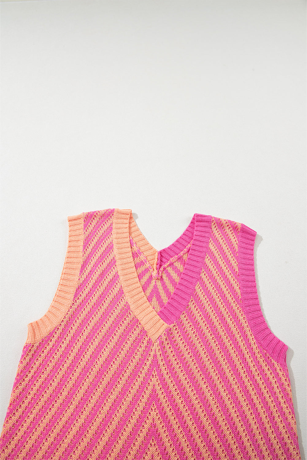 Light French Beige Contrast Chevron Knit V Neck Sweater Vest