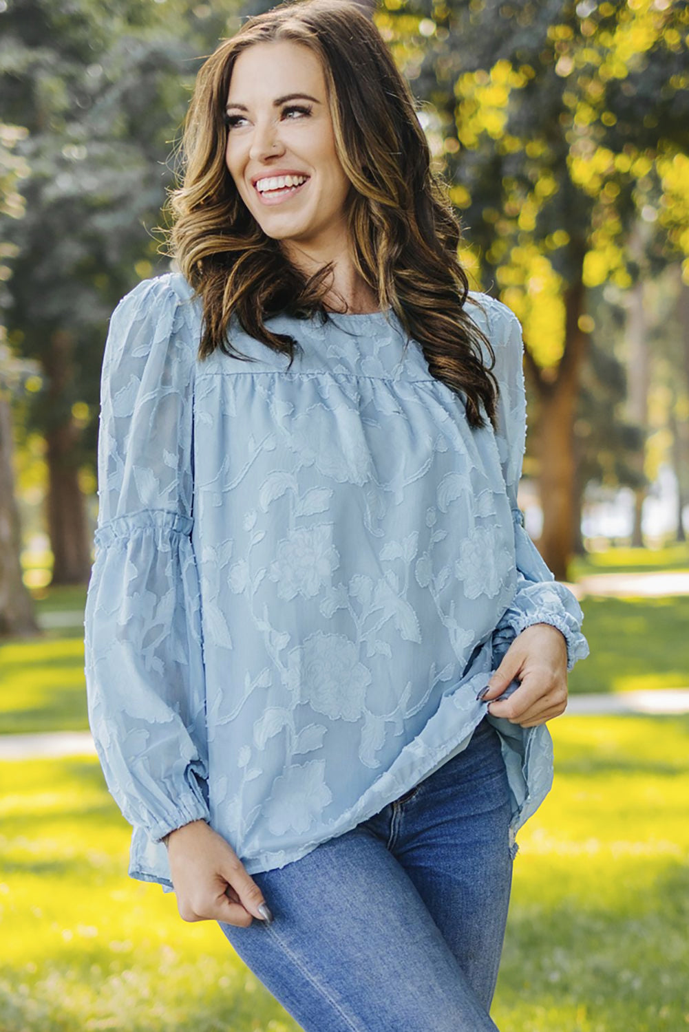 Blue Textured Ruffle Lantern Sleeve Babydoll Blouse