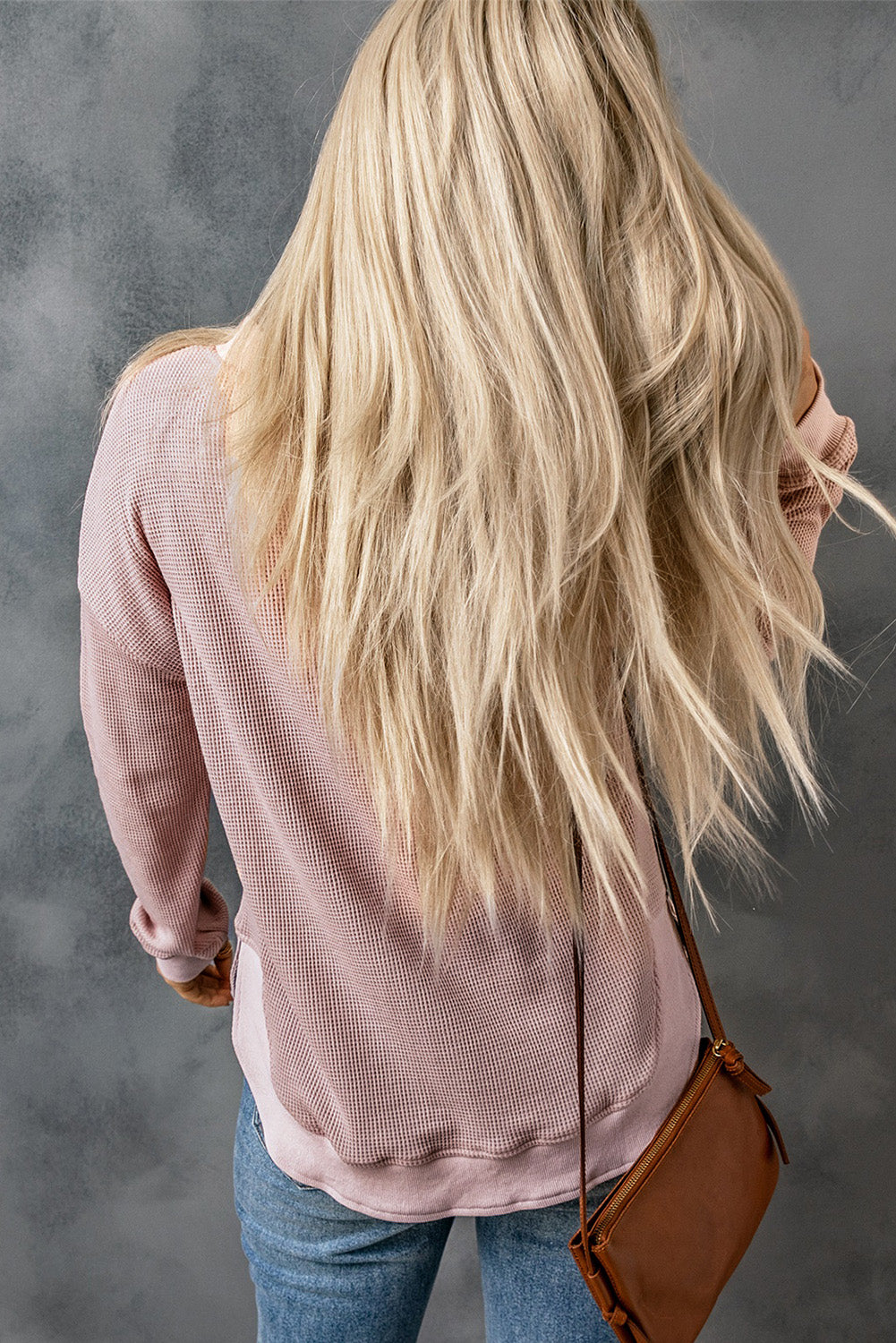 Gray Crew Neck Ribbed Trim Waffle Knit Top
