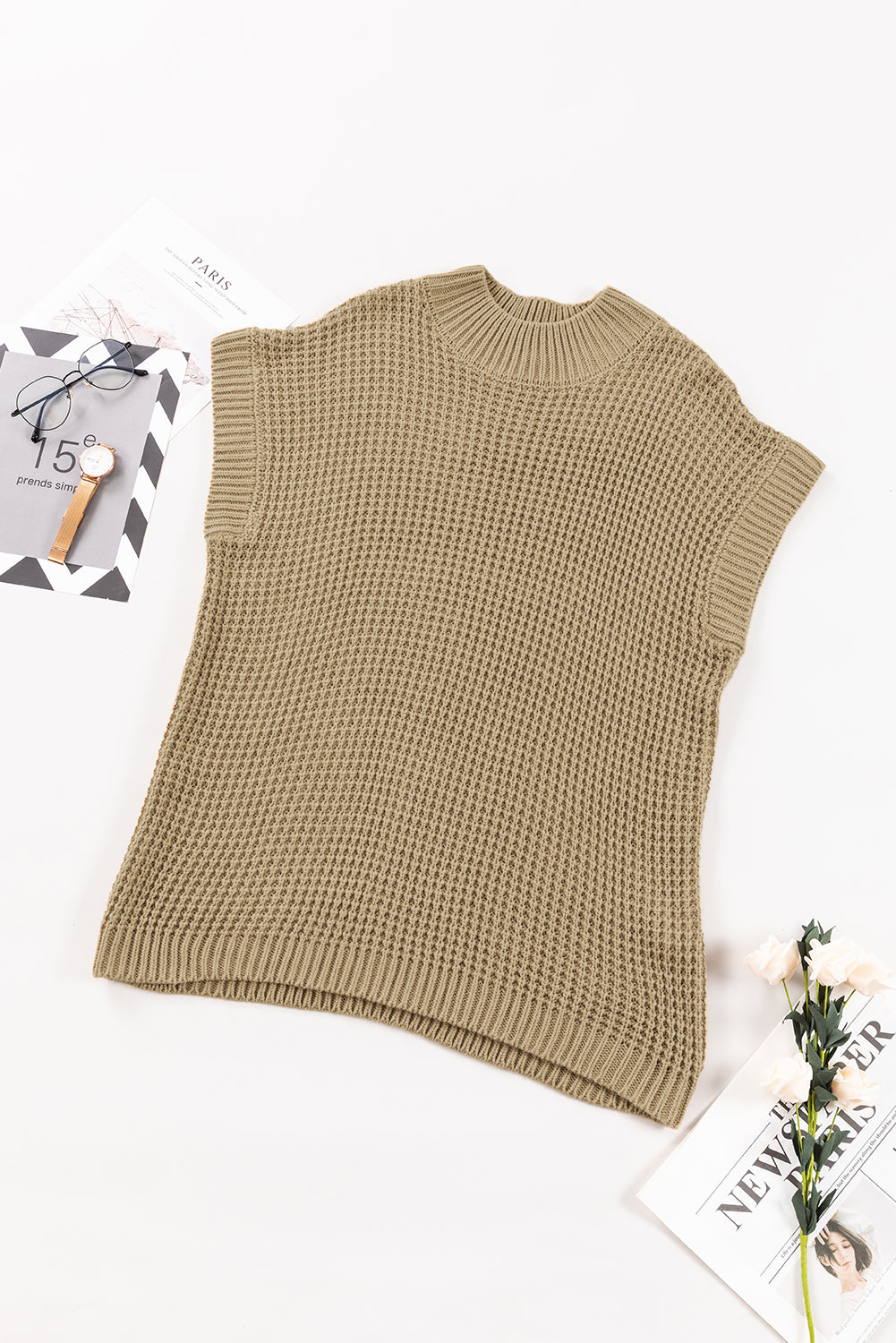 Light French Beige High Neck Short Batwing Sleeve Textured Knit Sweater