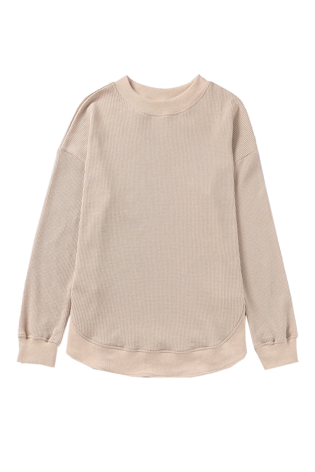 Gray Crew Neck Ribbed Trim Waffle Knit Top