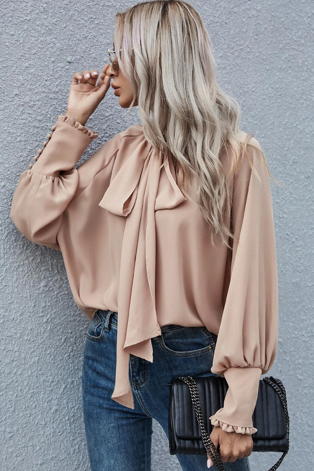 Navy Blue Frilled Knotted Mock Neck Bishop Sleeve Blouse