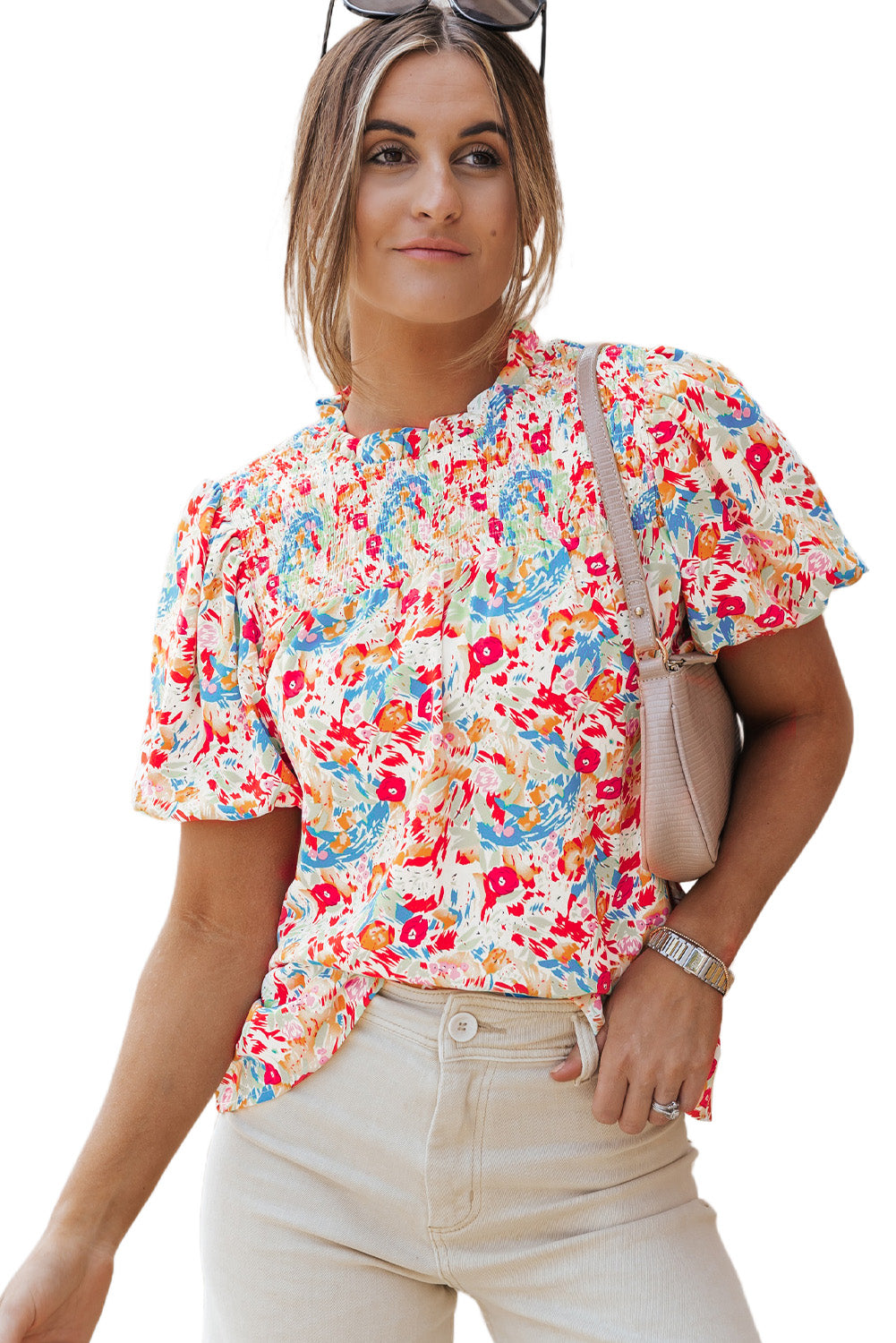 Multicolor Abstract Print Smocked Puff Sleeves Blouse