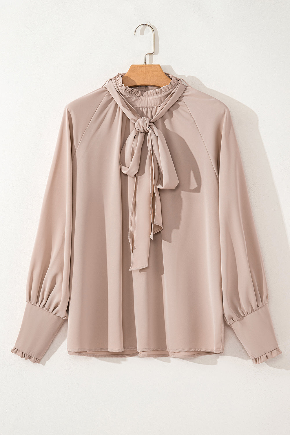 Navy Blue Frilled Knotted Mock Neck Bishop Sleeve Blouse