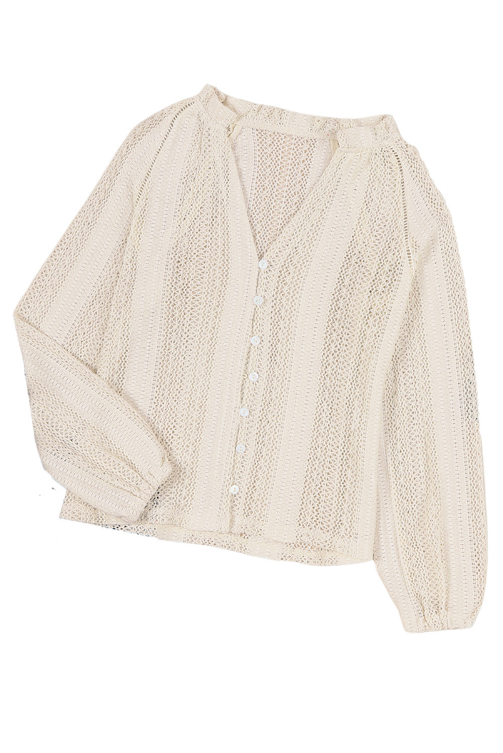 White V-Neck Long Sleeve Button Up Lace Shirt