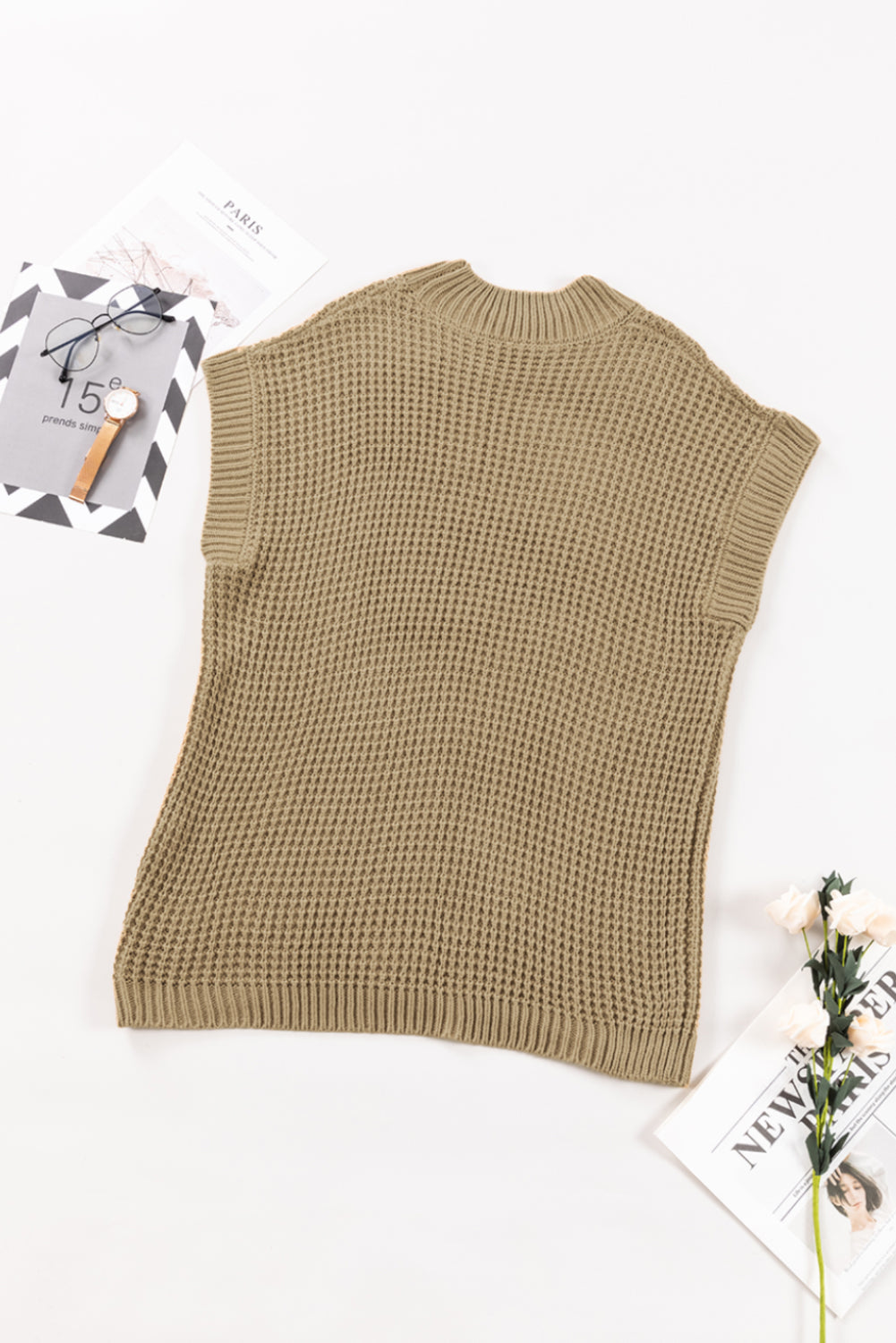 Light French Beige High Neck Short Batwing Sleeve Textured Knit Sweater