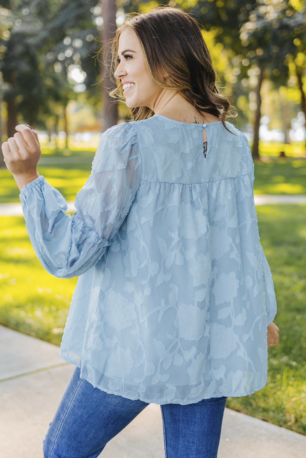 Blue Textured Ruffle Lantern Sleeve Babydoll Blouse