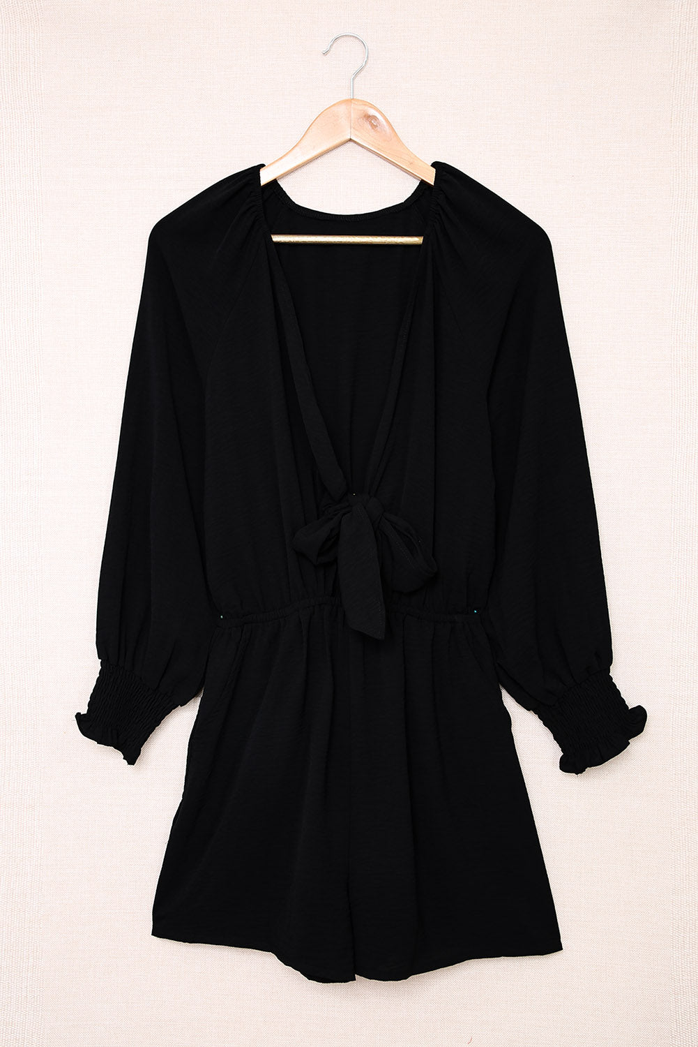 Navy Tie Knot Puff Long Sleeve Romper