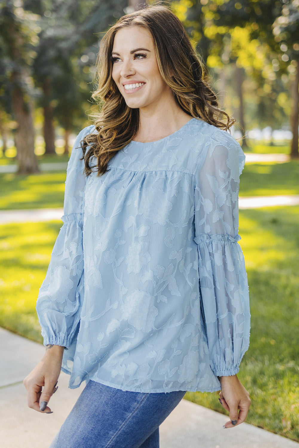 Blue Textured Ruffle Lantern Sleeve Babydoll Blouse